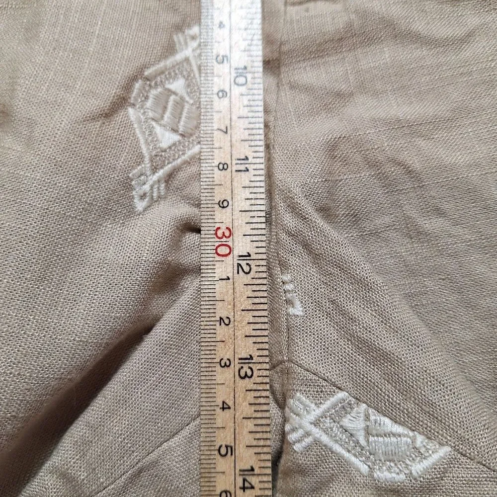 ZARA Linen Blend Embroidered Wide Leg Crop Pants Sz XL Beige Blogger Favorite